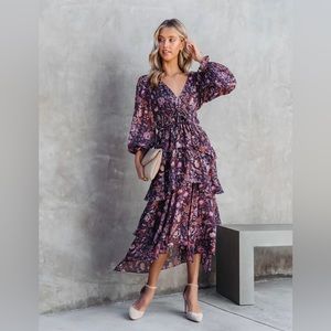 VICI Collection MALEAH FLORAL TIERED CHIFFON MIDI DRESS - PLUM
